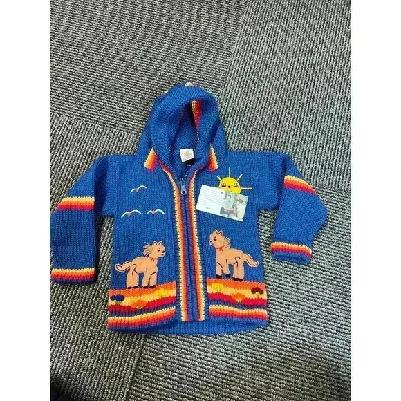 Lucy Iburg Handmade in Peru.  NWT Blue Knit Sweater, Horses, Sun Zip-Up Hoodie - Picture 1 of 7